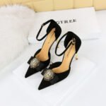 283-19 Retro European American Style Ultra High Heel Suede Shallow Mouth Pointed Toe Rhinestone Metal Buckle Bow Hollow Strap - Image 2