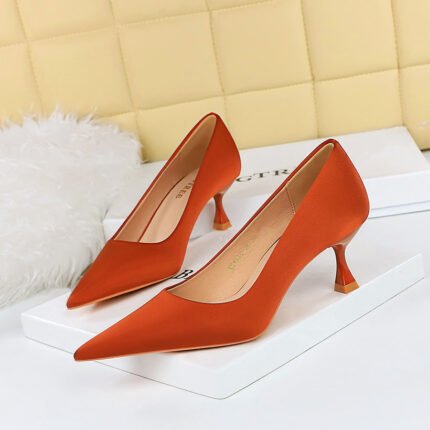 BIGTREE Spring and Autumn Fashion-6 Korean Style All-Matching High Heels Simple High Heel Low-Cut Wine Cup Heel Pointed Toe Satin Pumps Women