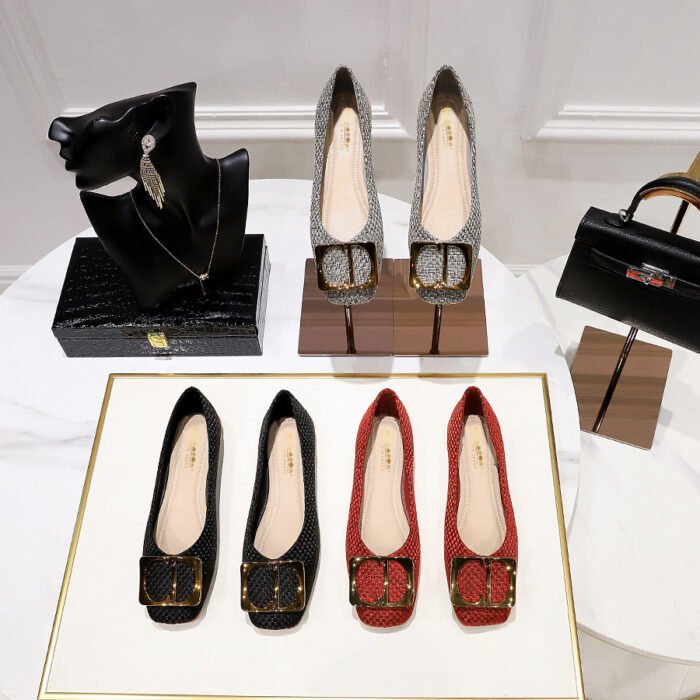 1332-1 Korean Style Spring and Autumn Fashion Sweet Women's Shoes Shallow Mouth Cloth Surface Square Toe Metal Buckle Flat Shoes All-Match Women's Shoes - Image 2