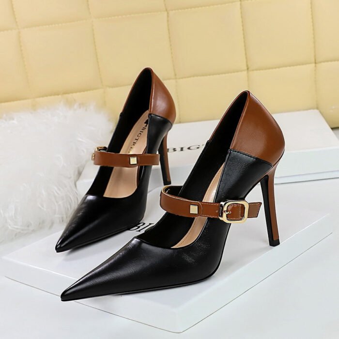 Bigtree Shoes 1198-2 Retro European and American Style High Heels Women's Shoes Stiletto Heel Ultra High Heel Shallow Mouth Pointed Toe Color Matching Strap Women's Shoes - Image 2