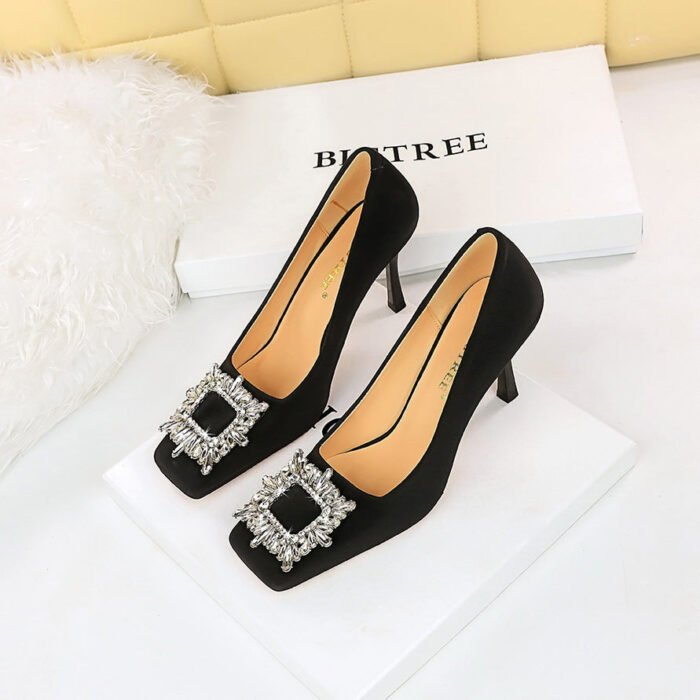 BIG TREE SHOES 7792-2k82 European and American Style Fashion Stiletto Super High Heel Low-Cut Square Toe Metal Rhinestone Buckle Pumps Women's High Heels - Image 4