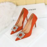 Big Tree Shoes 1983-K1 European and American Style Spring and Autumn Banquet High Heels Women's Shoes Super High Heel Shallow Mouth Pointed Toe Satin Rhinestone Buckle Pumps