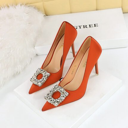 Big Tree Shoes 1983-K1 European and American Style Spring and Autumn Banquet High Heels Women's Shoes Super High Heel Shallow Mouth Pointed Toe Satin Rhinestone Buckle Pumps