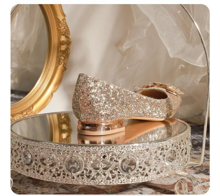 A29-6 French Square Head Gold Flat 2cm Low Heel High-Grade Rhinestone Bridesmaid Shoes Women - Image 7
