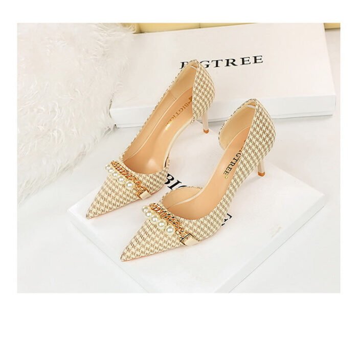 8829-A1 Korean version of high-heeled shallow-mouth pointed side hollow cloth plaid pearl metal chain houndstooth shoes - Image 17