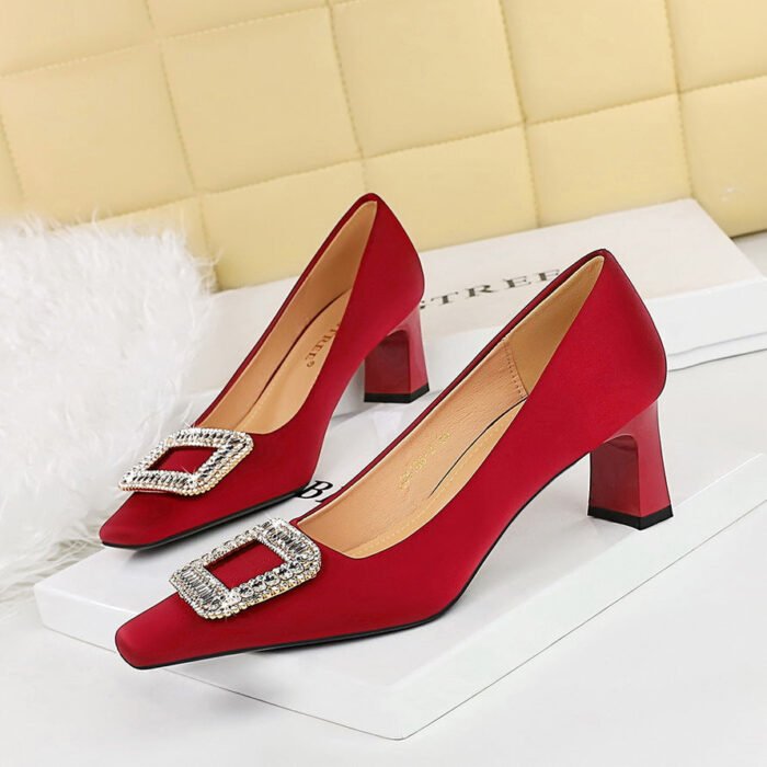 BIGTREE SHOES 6186-k32 European and American Style Banquet Women's Shoes Comfortable Thick Heel High Heel Low-Cut Square Head Satin Metal Rhinestone Buckle Pumps - Image 2