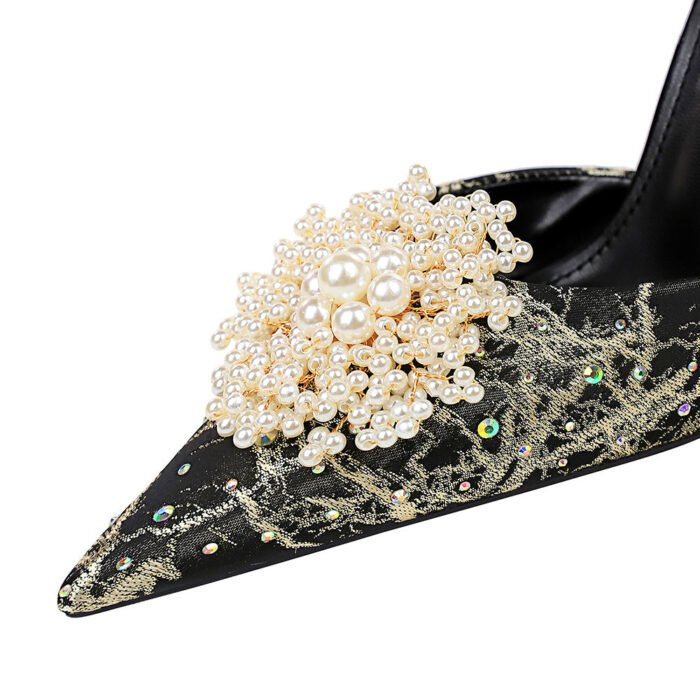 286-7 European and American Style Banquet High Heel Low-Cut Hollow Word with Pointed Toe Rhinestone Pearl Flower Sandals High Heels - Image 4