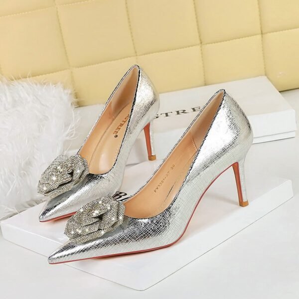 8ac784e00b2fff773c51369549561f50 BIGTREE SHOES 3391-ah52 European and American Style High Heels Women's Shoes Shallow Mouth Pointed Toe Rhinestone Rose Pumps High Heel Women's Shoes