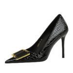 BIGTREE SHOES 3391-K57 European and American Style High Heels Women's Shoes Stiletto Heel Vintage Stone Pattern Patent Leather Pointed Belt Buckle Decoration Pumps - Image 5