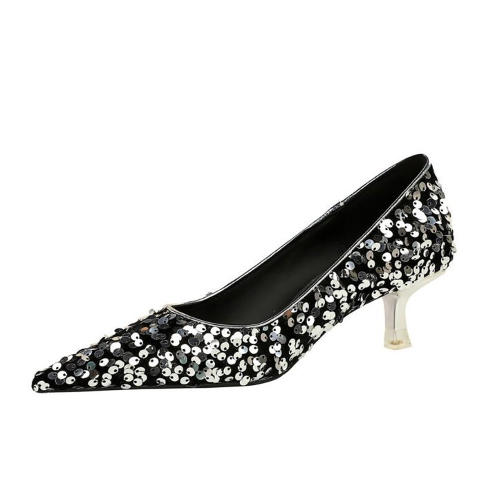 Bigtree shoes 237-21 Korean style new fashion temperament banquet sparkle sequins women's shoes mid-heel low-cut pointed shiny crystal pumps - Image 5