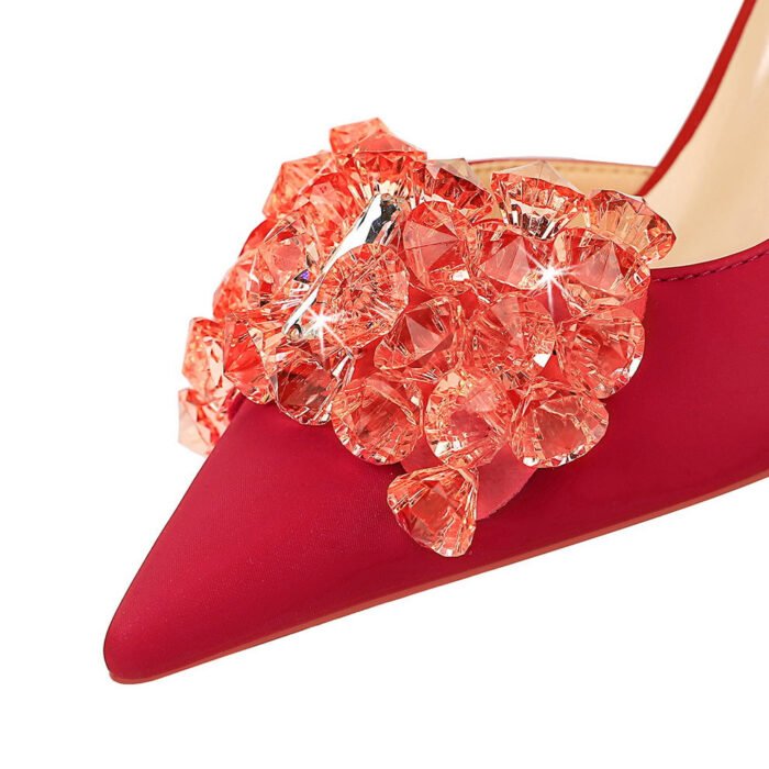 BIGTREE SHOES 3226-Ah27 Banquet European and American Style Women's Shoes Stiletto Heel Shallow Mouth Pointed Toe Side Hollow Rhinestone Bow Pumps - Image 4