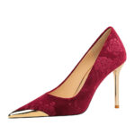BIGTREE SHOES 3739-20 European and American style banquet high heels women's shoes Xi Shi suede flower embossed metal pointed high heel shoes - Image 5