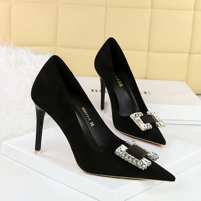 BIGTREE SHOES 9511-K75Shallow Pointed Toe Square Rhinestone Single Shoes High Heels - Image 2
