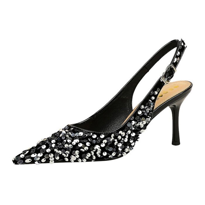 BIGTREE SHOES 869-A22 European and American Style Banquet High Heels Women's Shoes Hollow Back Shoes Shallow Mouth Pointed-Toe Hollowed Back Strap Sequined Shoes - Image 1