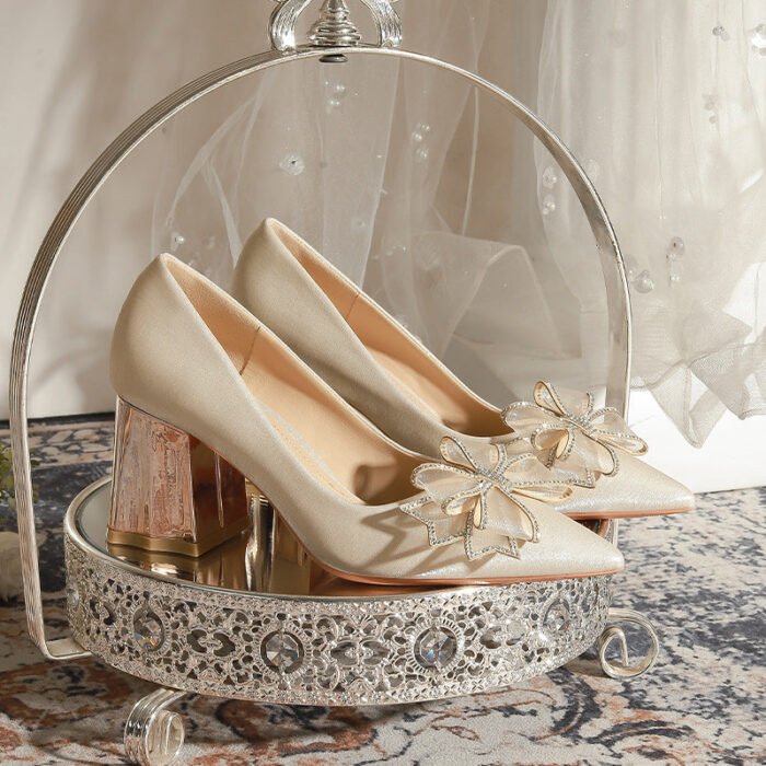 7118-51 Apricot Flower High Heel Women's Chunky Heel High-Grade Xiuhe Wedding Dress Engagement Annual Meeting Pumps - Image 3