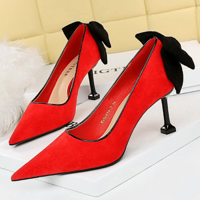 17175-A2Bowknot women's high heel shoes with pointed suede-Bigtree shoes - Image 1