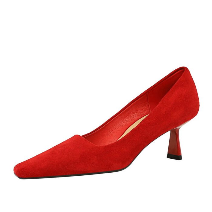 BIG TREE SHOES 6183-3 Korean Fashion Simple High Heels Suede Low-Cut Square Toe Pedicure Slimming All-Matching Women's Shoes Spring and Autumn Single-Layer Shoes - Image 5
