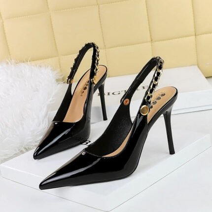 BIGTREE SHOES 1859-1 European and American Wind Back Empty Shoes Banquet High Heels Pointed-Toe Hollowed Metal Chain Back Strap High Heel Pumps Women