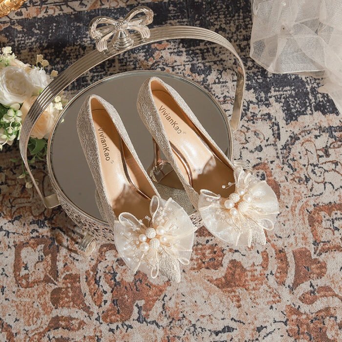 840-16 French Lace Pearl Wedding Shoes Bridal Shoes High Heels Princess Pointed Toe Temperament Fairy Stiletto Heel Pumps Women - Image 1