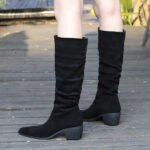 big tree shoes 009-17 Retro European American Style Knight Boots Winter Fashion Women's Boots Mid Heel Chunky Heel Pointed Toe Suede Wrinkle High Leg Boot - Image 3