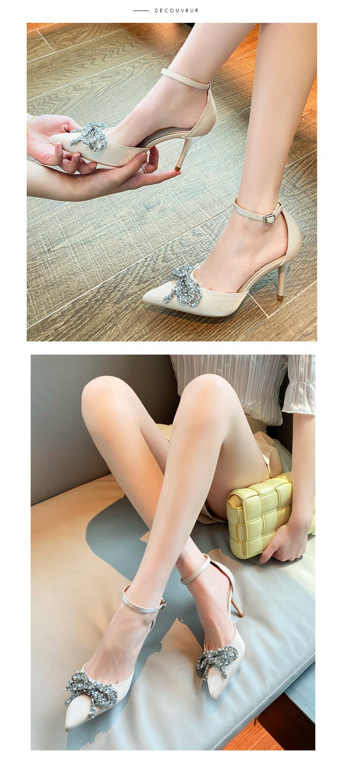 858-11 Pointed High Heels Women's New Buckle Rhinestone Bow Casual High-End Shoes - Image 4