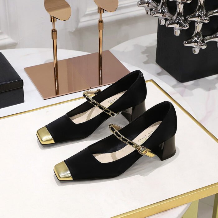 BIGTREE SHOES 5288-7 Temperament Mary Jane Shoes Chunky Very Mid-Very Low-Cut Color Matching Stitching Square Toe Metal Chain Ankle-Strap Shoes - Image 1