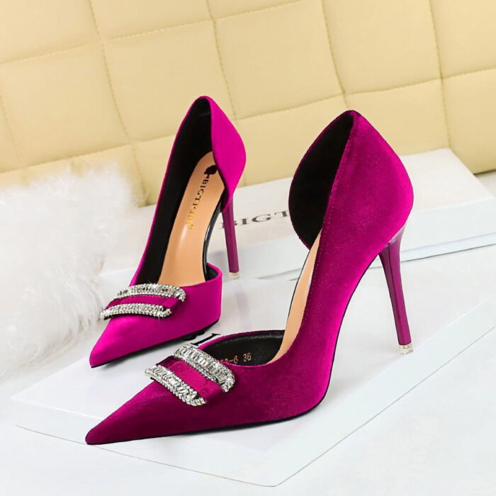 Bigtree Shoes 1363-K76 Banquet High Heels Women's Shoes Thick Suede Shallow Mouth Pointed Toe Side Hollow out Super High Heel Rhinestone Buckle Pumps - Image 4