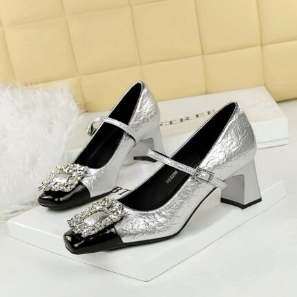 BIGTREE SHOES 5298-K90 Mary Jane Women's Shoes Banquet European and American Style Shallow Mouth Square Toe Color Block Metal Rhinestone Buckle One-Strap Single Shoes