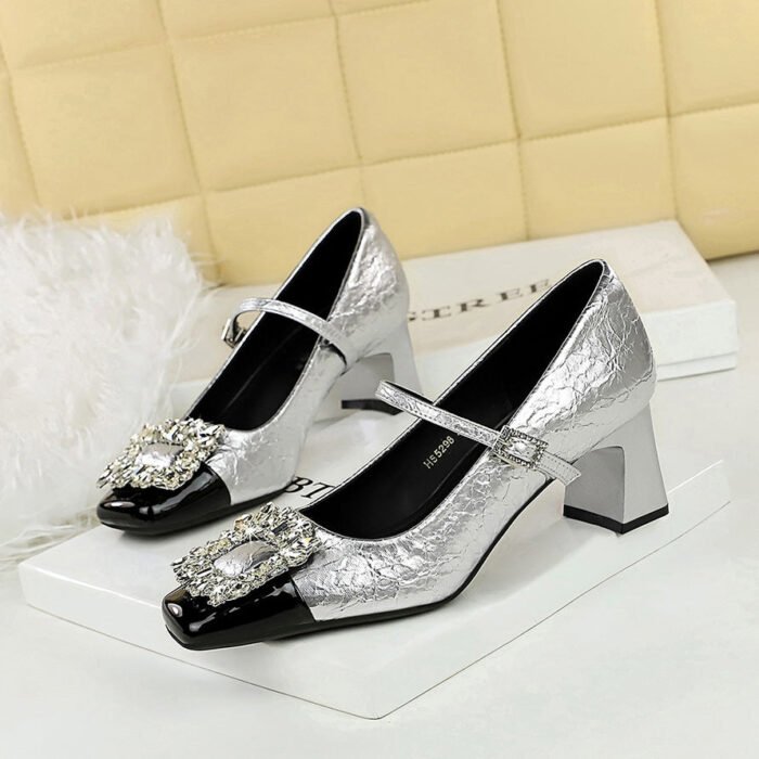 BIGTREE SHOES 5298-K90 Mary Jane Women's Shoes Banquet European and American Style Shallow Mouth Square Toe Color Block Metal Rhinestone Buckle One-Strap Single Shoes - Image 1