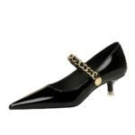 BIGTREE SHOES 237-22 European and American Style Banquet Women's Shoes Mid Heel Shiny Patent Leather Low Mouth Pointed-Toe Metal Chain Ankle-Strap Shoes Women - Image 5