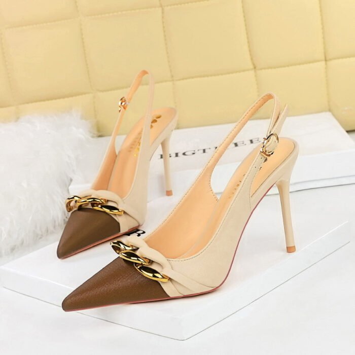 BIGTREE SHOES 373-2 Empty High Heels for Banquet Stiletto Heel Shallow Mouth Pointed-Toe Colorblock Back Strap Metal Chain Super High Heel Shoes - Image 4