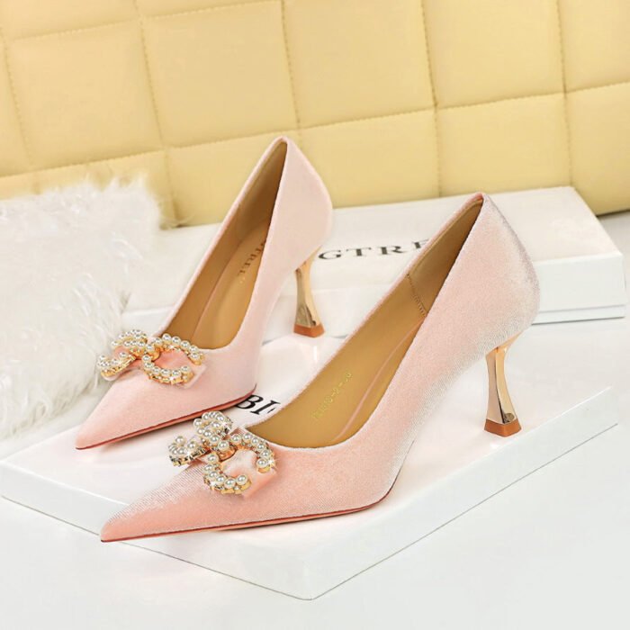 BIG TREE SHOES 1818-K79 Banquet High Heels Korean Style Women's Shoes Xishi Suede Shallow Mouth Pointed-Toe Metal Pearl Rhinestone Buckle Pumps - Image 4