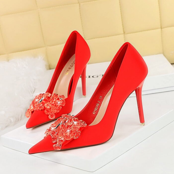 Bigtree Shoes 18249-h27 European and American Style Banquet High Heels Women's Shoes Ultra High Heel Stiletto Heel Satin Low-Cut Pointed-Toe Shoes Wedding Shoes - Image 1