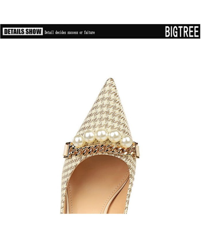 9283-A1 European and American thin-heeled high-heeled shallow-pointed cloth plaid houndstooth metal chain pearl shoes - Image 18