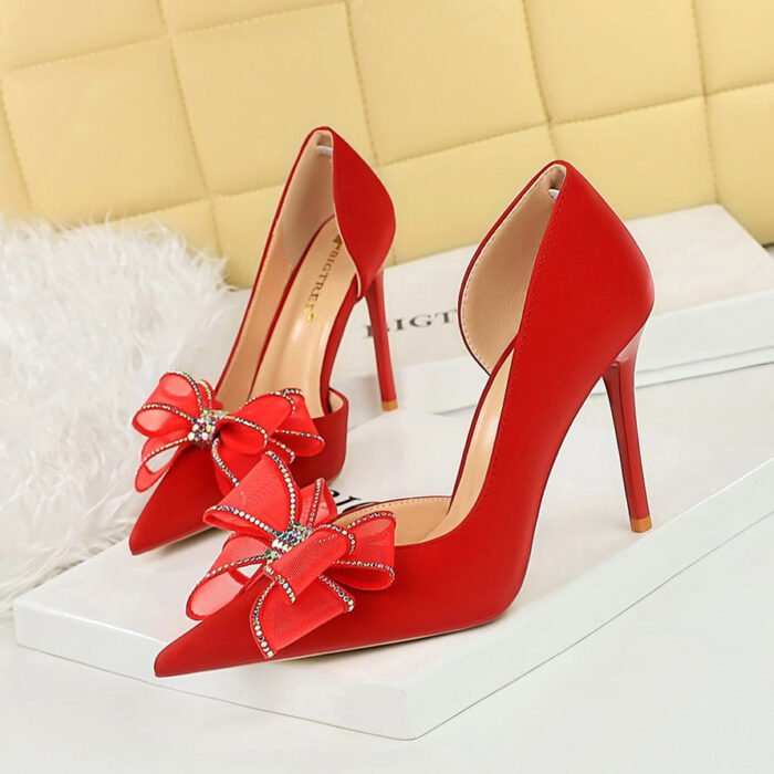 BIGTREE SHOES 626-H38 European and American Style High Heels Women's Shoes Stiletto Heel Shallow Mouth Pointed Toe Side Hollow Rhinestone Bow Pumps Wedding Shoes - Image 1