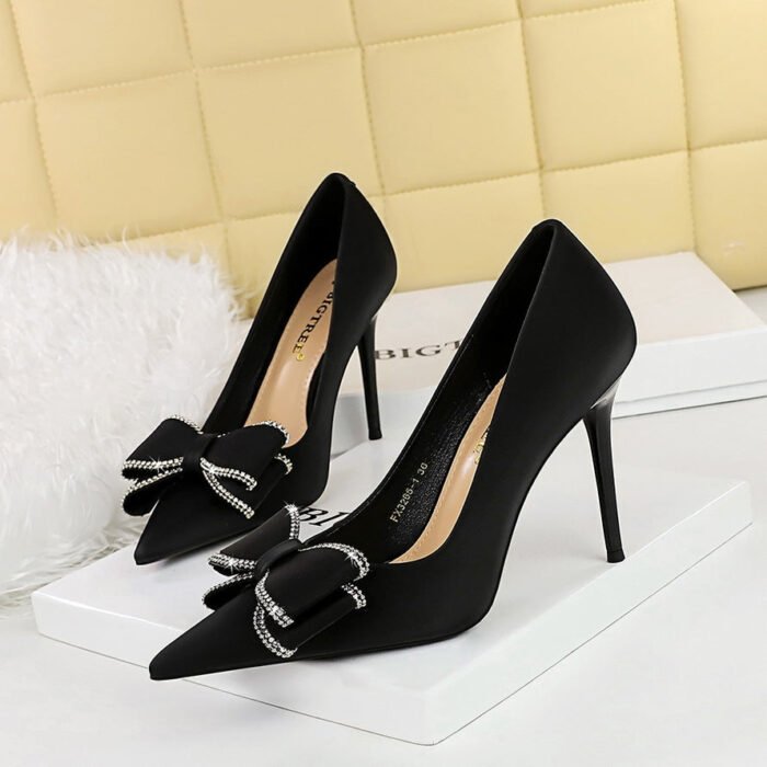 BIG TREE SHOES 3265-h36 Korean Style Banquet High Heels Stiletto Heel Women's Shoes Shallow Mouth Pointed Toe Rhinestone Bow Pumps Women - Image 3