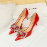 BIG TREE SHOES 638-Ah18 European and American Banquet Women's Shoes Stiletto Heel Patent Leather Low-Cut Pointed Toe Side Hollow Rhinestone Bow Pumps - Image 4