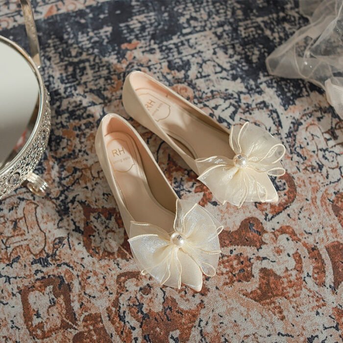 222-60 Pointed High Heels Women's Chunky Heel Wedding Shoes High-Grade Butterfly Wedding Dress Pumps - Image 1