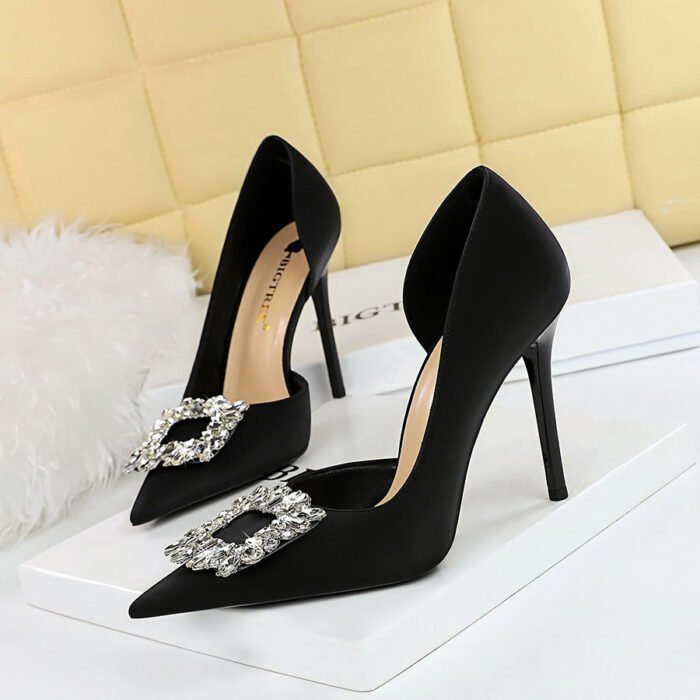 BIG TREE Shoes 626-K5 European and American Style Banquet Women's Shoes High Heels Stiletto Low-Cut Pointed Side Hollow-out Rhinestone Buckle Super High Heel Shoes - Image 3