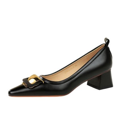 BIGTREE SHOES 1235-K56 European and American Style Business Ol Women's Shoes Shallow Mouth Square Toe Metal Buckle Chunky Heel Mid Heel Commuter Shoes Women