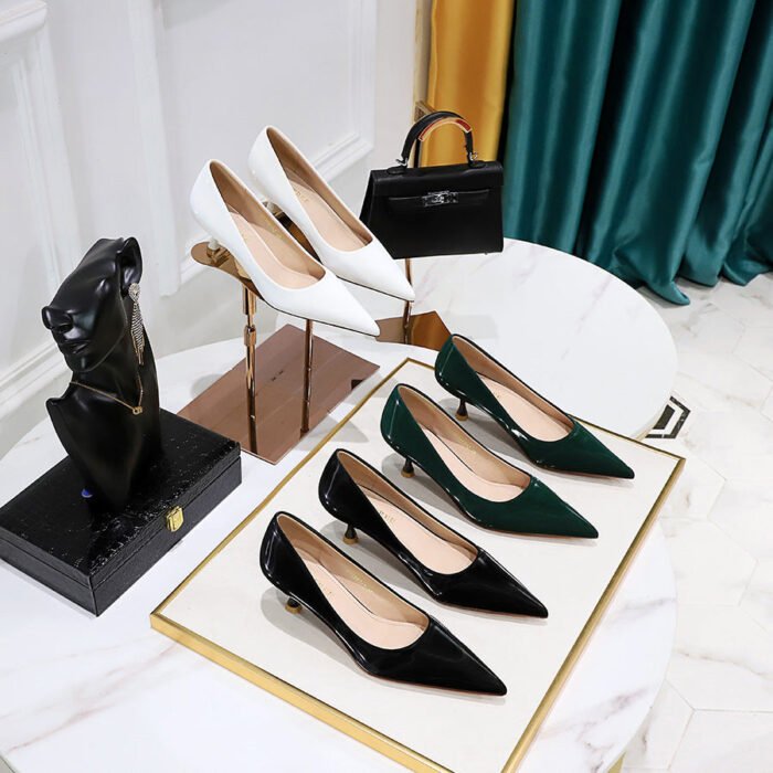 1961-2 European American Simple Versatile High Heels Women's Shoes Stiletto Heel Glossy Slit Beads Shallow Mouth Pointed-Toe Women's Shoes - Image 5