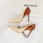 BIGTREE SHOES 9116-5 Retro Style High Heels Stiletto Heel Banquet Women's Shoes Shallow Mouth Pointed-Toe Colorblock Spring and Autumn New Super High Heel Shoes