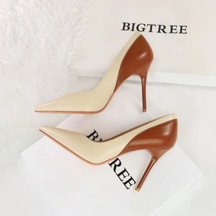 BIGTREE SHOES 9116-5 Retro Style High Heels Stiletto Heel Banquet Women's Shoes Shallow Mouth Pointed-Toe Colorblock Spring and Autumn New Super High Heel Shoes