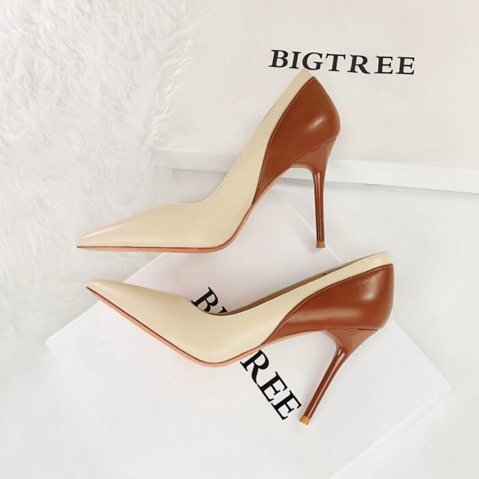 BIGTREE SHOES 9116-5 Retro Style High Heels Stiletto Heel Banquet Women's Shoes Shallow Mouth Pointed-Toe Colorblock Spring and Autumn New Super High Heel Shoes - Image 1