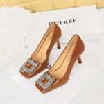 BIG TREE SHOES 7792-3k82 Korean Style Banquet Women's Shoes Super High Heel Shallow Mouth Patent Leather Square Toe Metal Rhinestone Buckle Pumps High Heels - Image 2