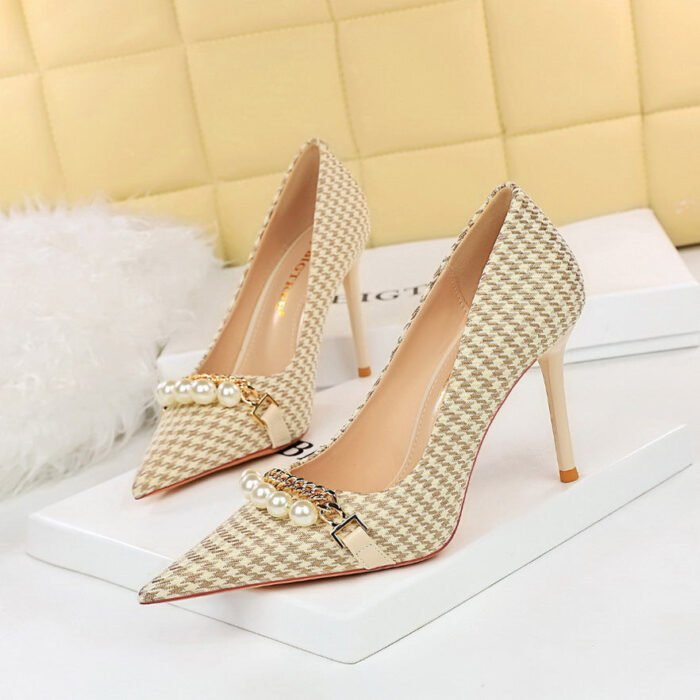 9283-A1 European and American thin-heeled high-heeled shallow-pointed cloth plaid houndstooth metal chain pearl shoes - Image 9
