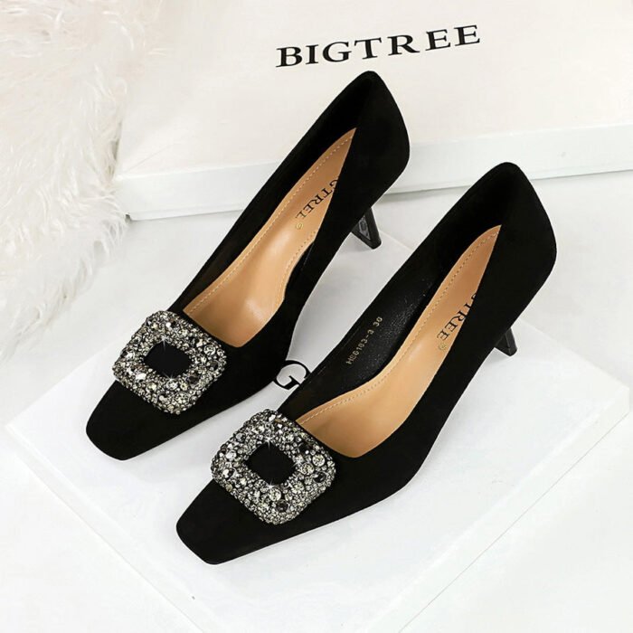 Bigtree Shoes 663-3k83 European and American Style Fashionable Banquet Women's Shoes Stiletto High Heel Suede Shallow Mouth Square Head Metal Rhinestone Buckle Single - Image 2