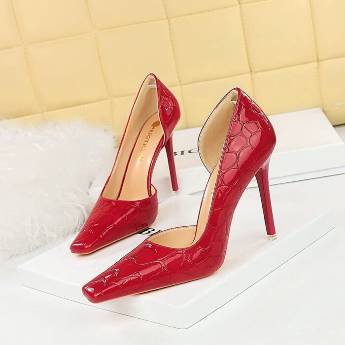 BIG TREE SHOES 3287-3 European and American Style Square Toe High Heel Stone Pattern Shallow Mouth Side Hollow Pumps High Heels Women's Shoes - Image 2