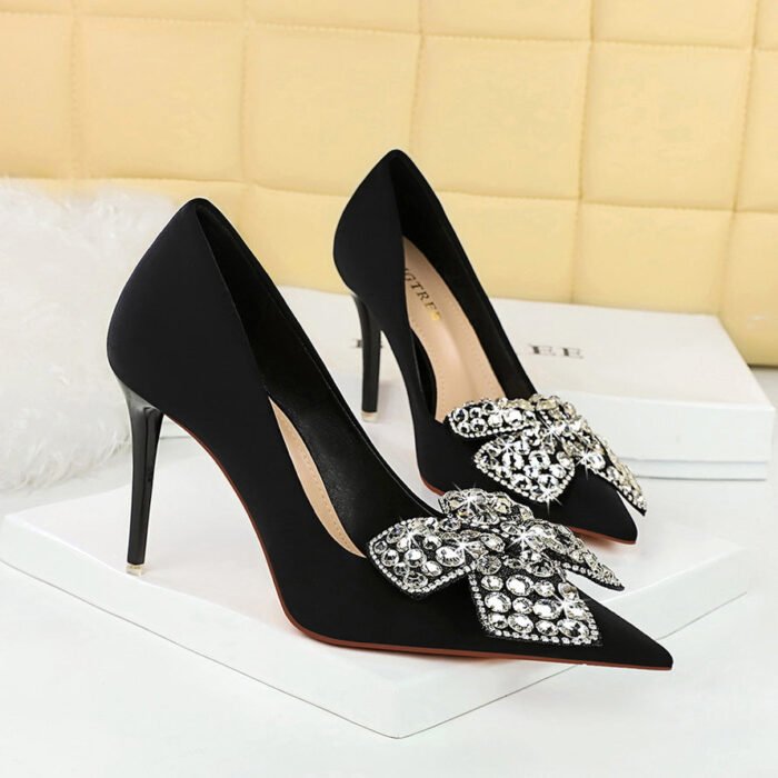 BIG TREE SHOES 18249-h29 European and American Style Banquet High Heels Stiletto Heel Shallow Mouth Pointed Toe Satin Rhinestone Bow High Heel Pumps - Image 3