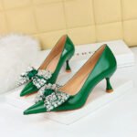 BIGTREE 1961-H9 Korean Style Fashionable Women's Shoes Wine Cup Heel High Heel Low-Cut Pointed Toe Rhinestone Bow Banquet Shoes - Image 3